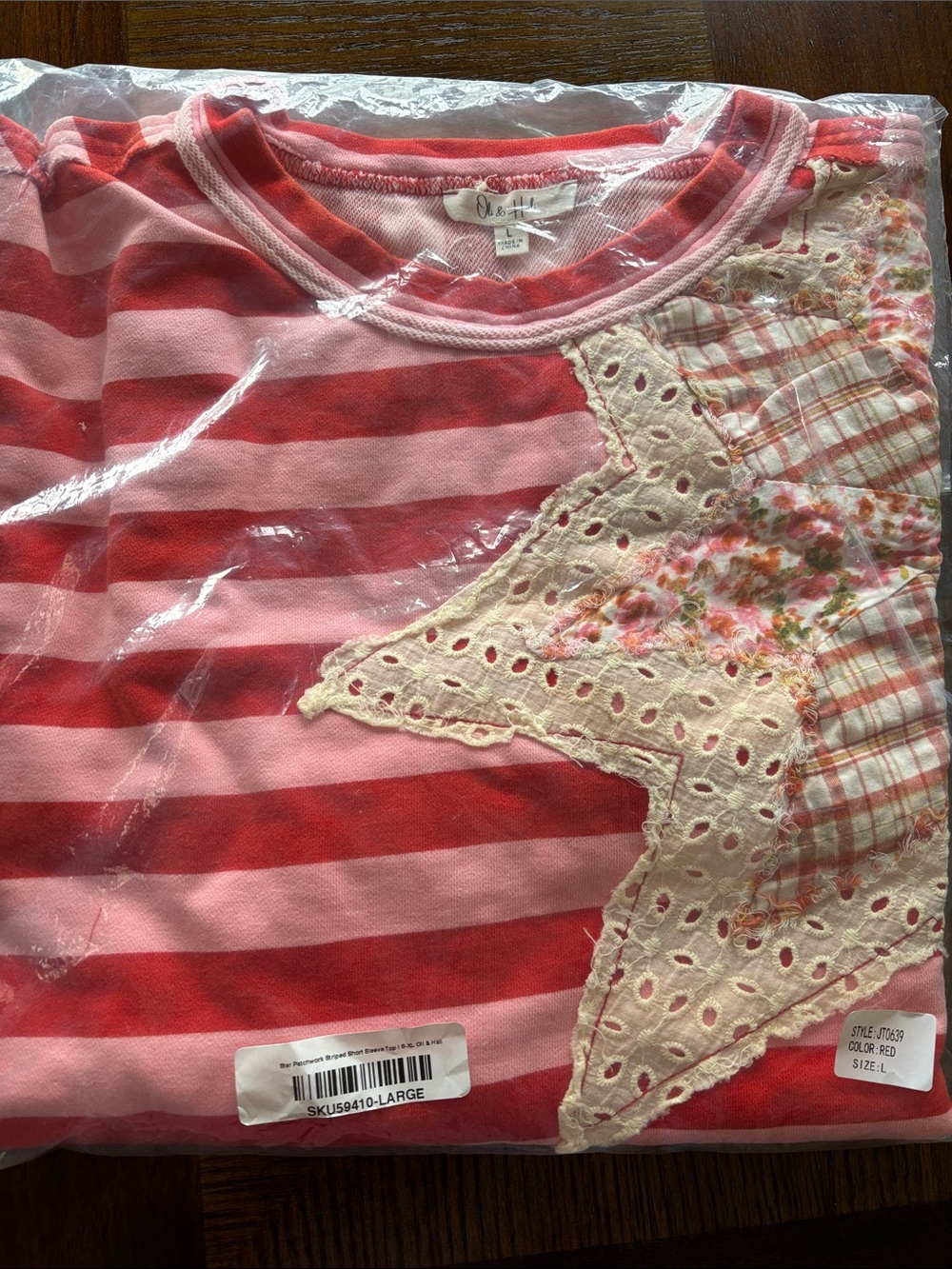 Oli & Hali  Red & Pink Striped Star Appliqué Short Sleeve Top crop